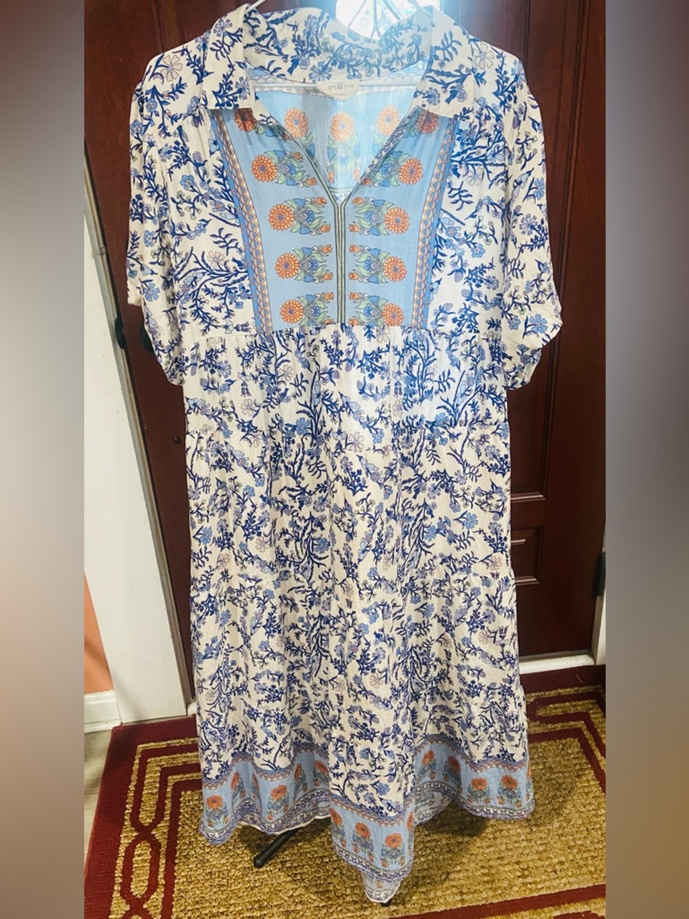 Umgee Blue & White Floral Boho Maxi Dress with Orange Accents